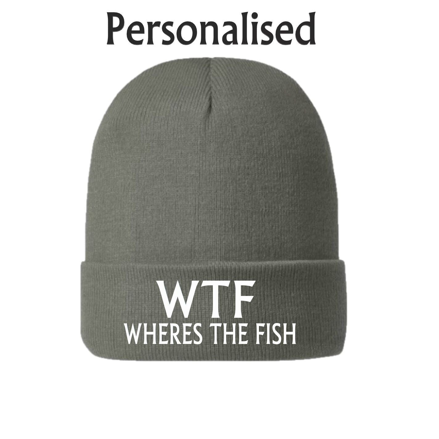 Fishing Gifts mens WTF Wheres the Fish Funny Beanie Hat Rude Joke Angling Dad
