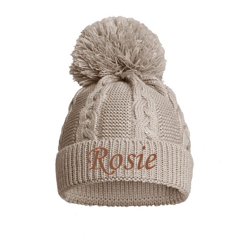 PERSONALISED BABY SINGLE POM POM HAT KNITTED WINTER WHITE PINK BLUE GREY NEWBORN