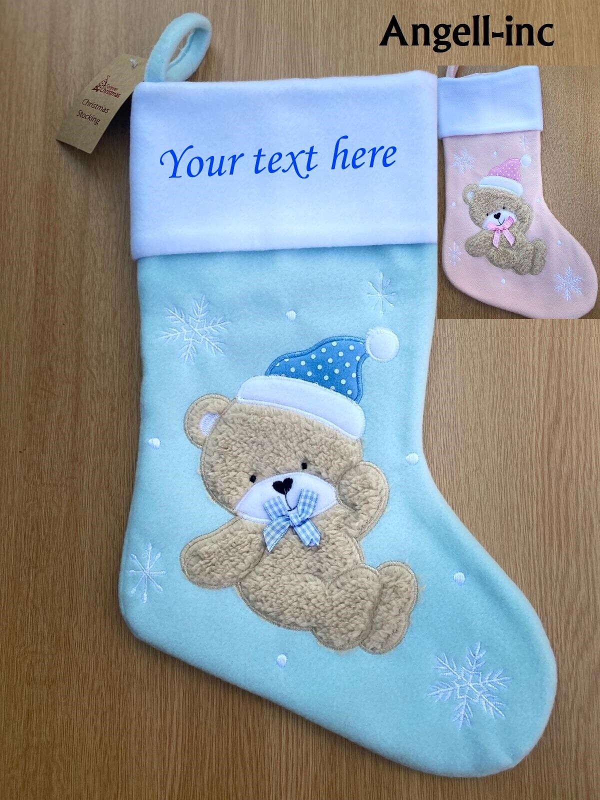 Personalised TEDDY Christmas BABY Stocking PINK BLUE EMBROIDERD XMAS SACK UK
