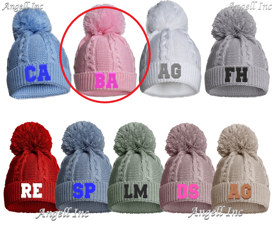 PERSONALISED BABY SINGLE POM POM HAT Embroidered INITIALS KNITTED WINTER NEWBORN