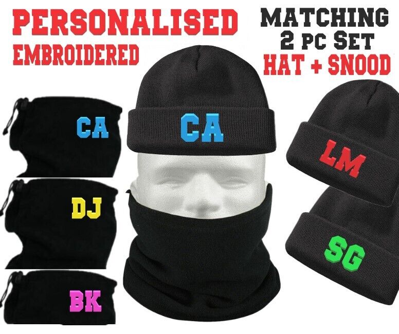 2pc Set PERSONALISED INITIAL Beanie Hat Snood Neck Warmer Scarf Tube Fleece Gift