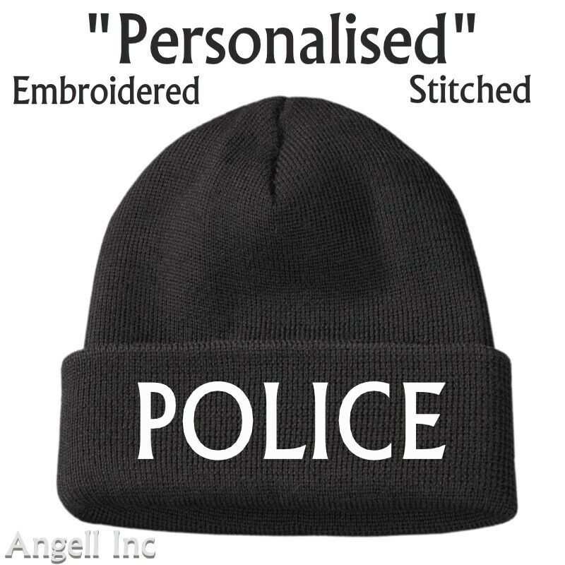 POLICE Beanie Hat GIFT BIRTHDAY WOMENS MENS Black Personalised Woolly WORK GYM