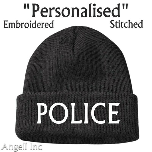 POLICE Beanie Hat GIFT BIRTHDAY WOMENS MENS Black Personalised Woolly WORK GYM