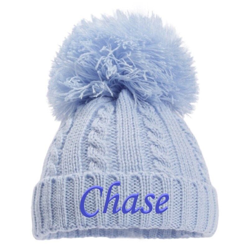 PERSONALISED BABY SINGLE POM POM HAT KNITTED WINTER WHITE PINK BLUE GREY NEWBORN