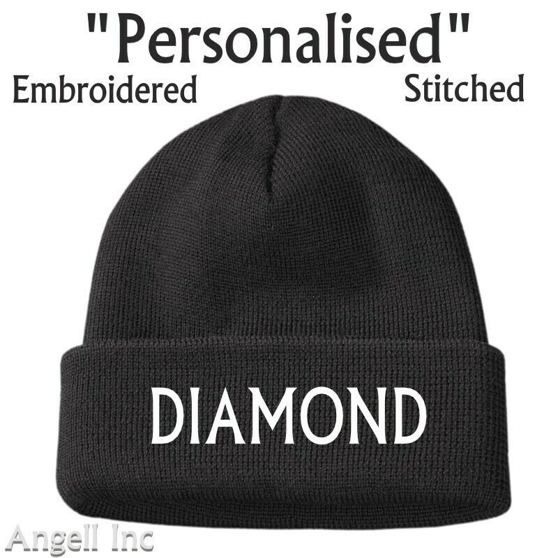 DIAMOND Beanie Hat GIFT BIRTHDAY WOMENS MENS Black Personalised Woolly WORK GYM