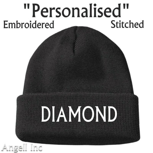 DIAMOND Beanie Hat GIFT BIRTHDAY WOMENS MENS Black Personalised Woolly WORK GYM