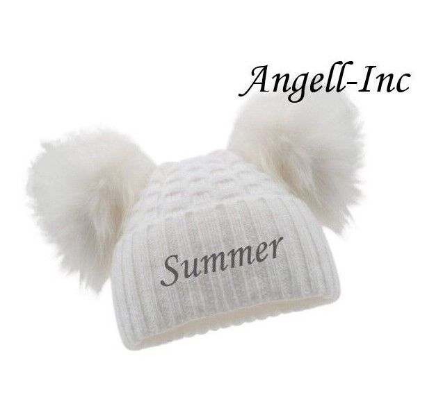 PERSONALISED BABY FUR POM POM HAT KNITTED WINTER WHITE PINK BLUE GREY GIFT