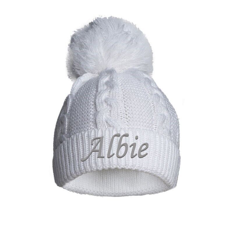 PERSONALISED BABY SINGLE POM POM HAT KNITTED WINTER WHITE PINK BLUE GREY NEWBORN