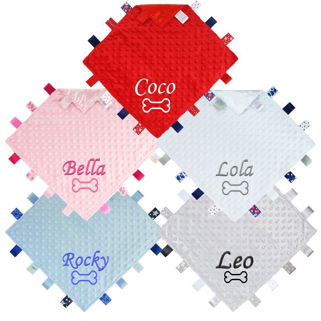 Personalised Pet Name Dog Blanket Puppy Scent comforter Taggy Toy Bed Training