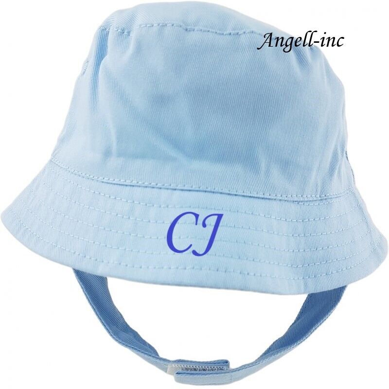 PERSONALISED BABY Bucket Hat Summer White Pink Blue Biscuit NEWBORN to 12 months