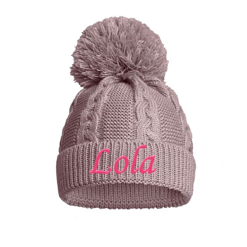 PERSONALISED BABY SINGLE POM POM HAT KNITTED WINTER WHITE PINK BLUE GREY NEWBORN