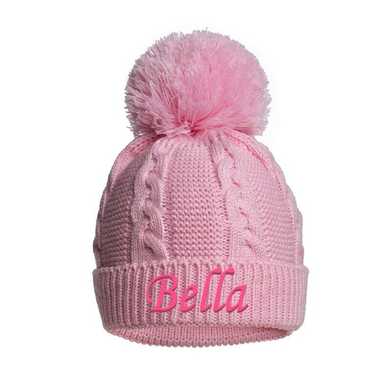 PERSONALISED BABY SINGLE POM POM HAT KNITTED WINTER WHITE PINK BLUE GREY NEWBORN