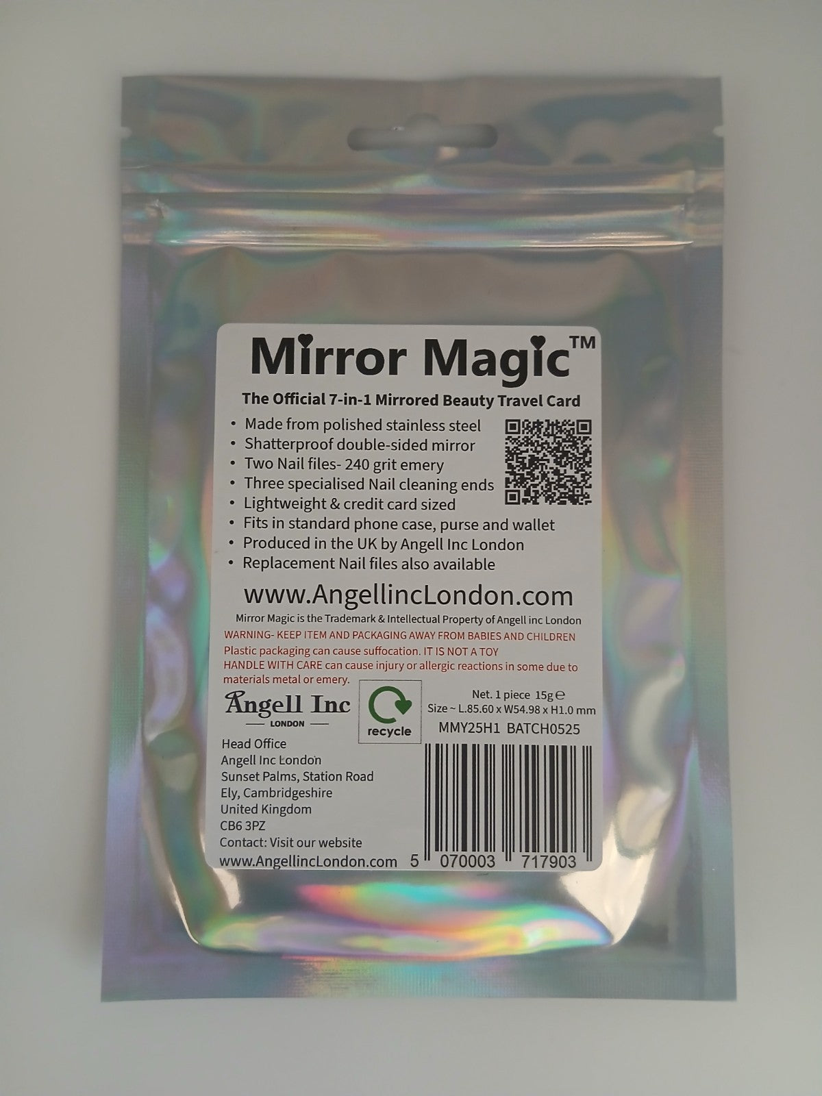 Holographic packaging with 'Mirror Magic' branding on a white background