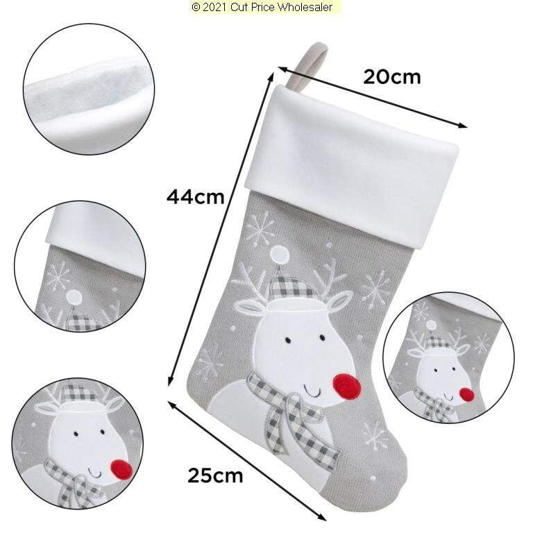 Gray Christmas stocking with reindeer design and measurements on a white background
