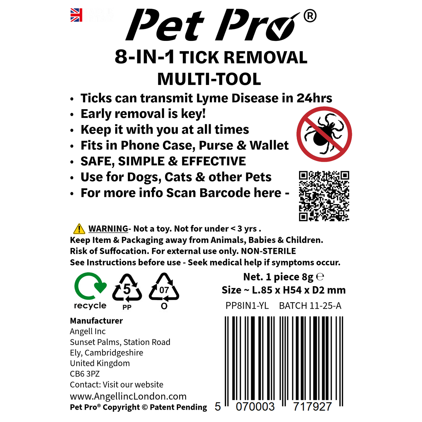 Pet Pro 8-IN-1 Tick Removal Multi-Tool packaging with text and branding.