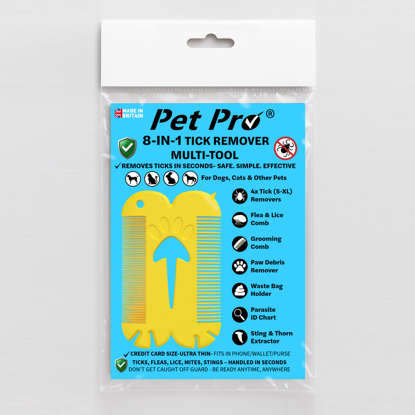 Pet Pro 8-in-1 Tick Remover Multi-Tool packaging on a white background