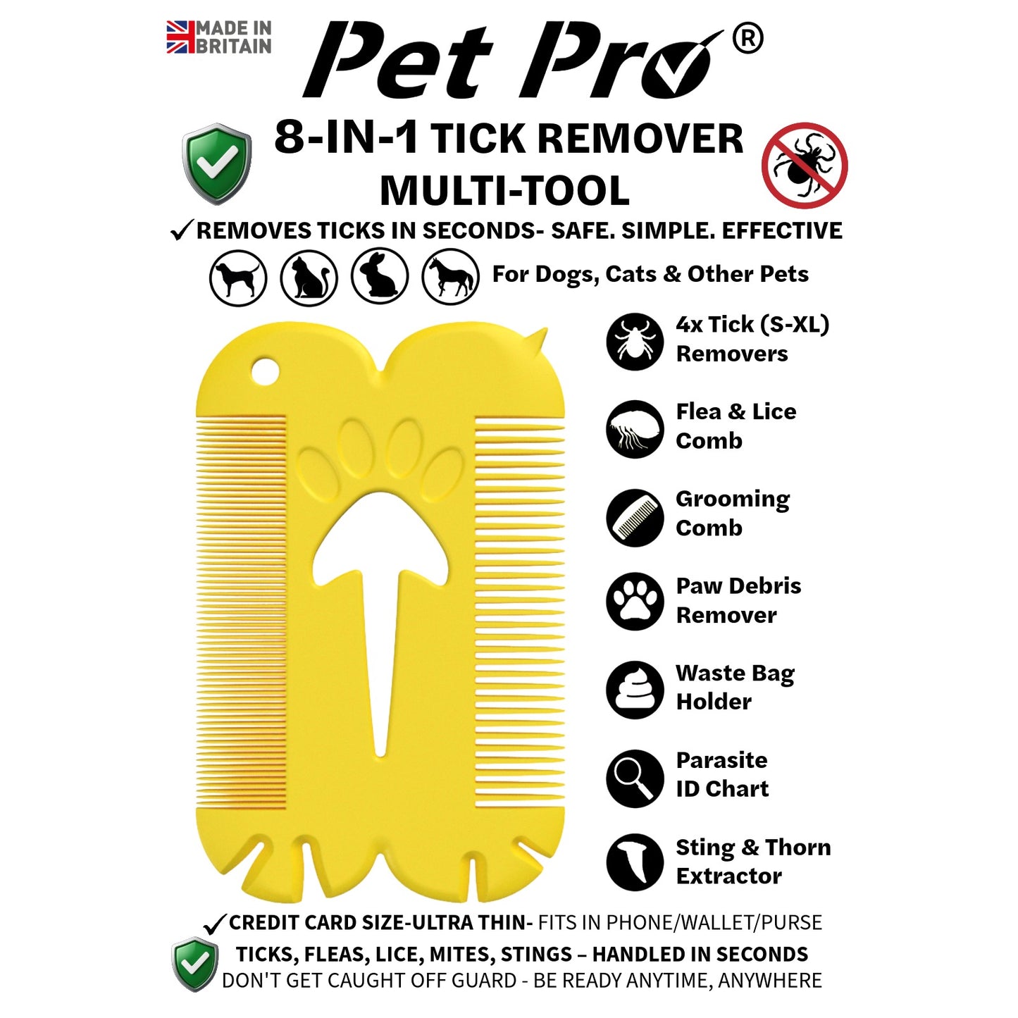 Pet Pro Yellow tick remover multi-tool for dogs and cats on a white background