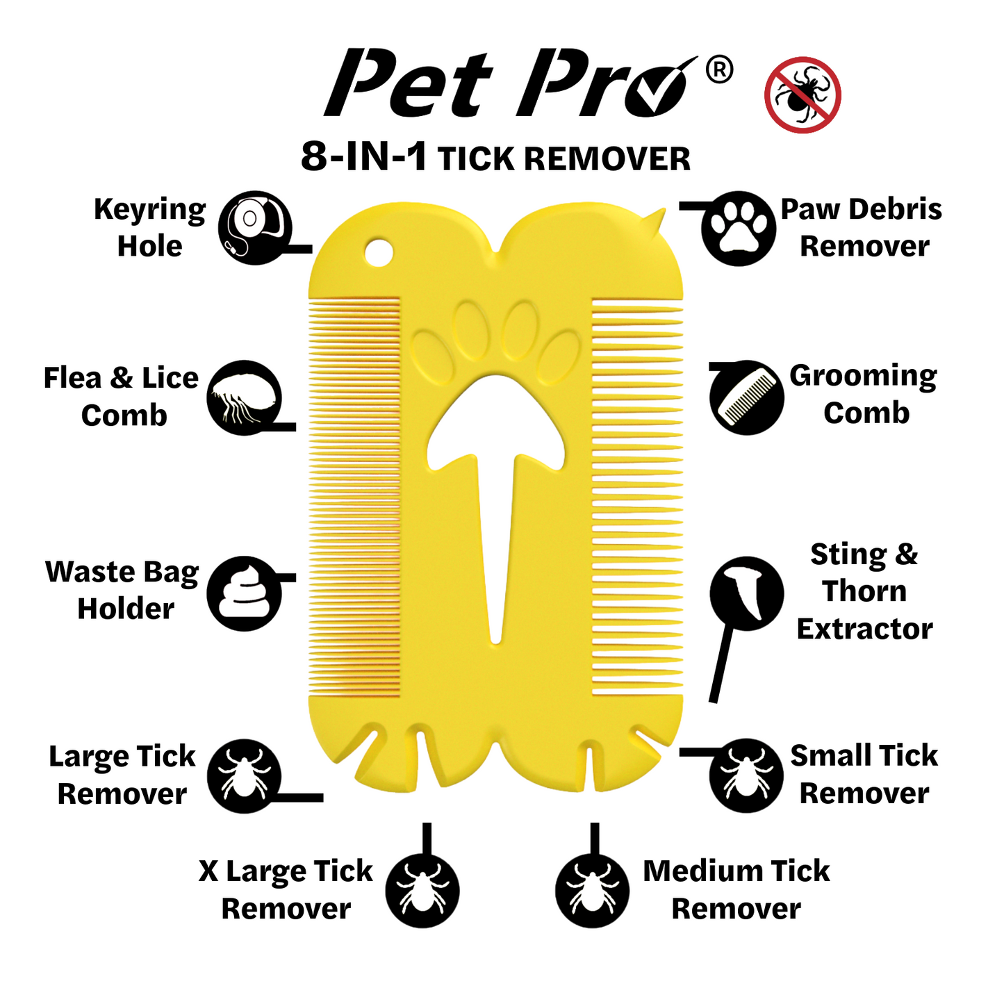 Yellow 8-in-1 tick remover tool with labeled features on a white background