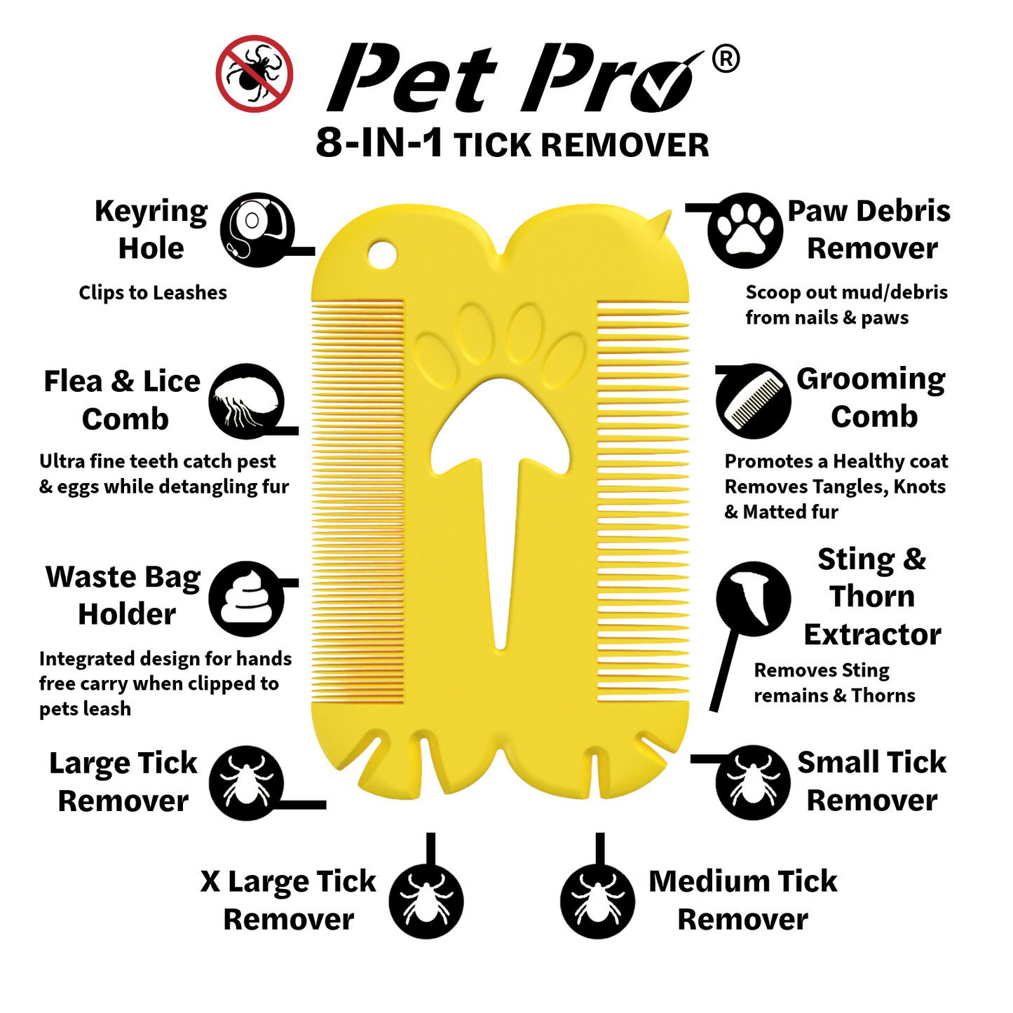 Yellow 8-in-1 tick remover with features listed on a white background