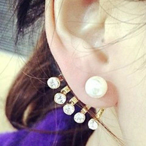 Women Gold Crystal Pearl Five Rhinestone Hook Wrap Cuff Ear Stud Earrings Hoop