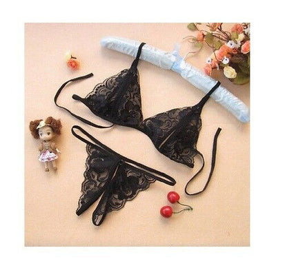 Thong Crutchless Lace G-string + Bra Set Sleepwear Lingerie Underwear Bondage