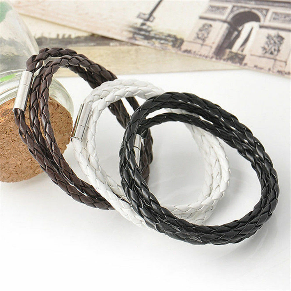 Mens Braided Leather Surfer Wristband Bracelet Wrap Steel BLACK BROWN WHITE UK