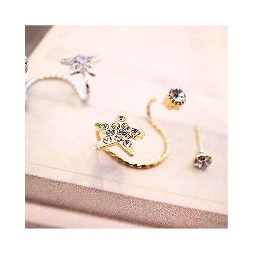 Womens Silver Gold Star Earrings Hook Ear Stud Cuff Hoop Gift Hippi Retro UK NEW