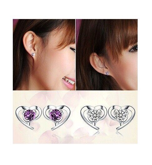 925 Sterling Silver Love Heart Cubic Zirconia Small Ear Stud Earrings Hook Gift