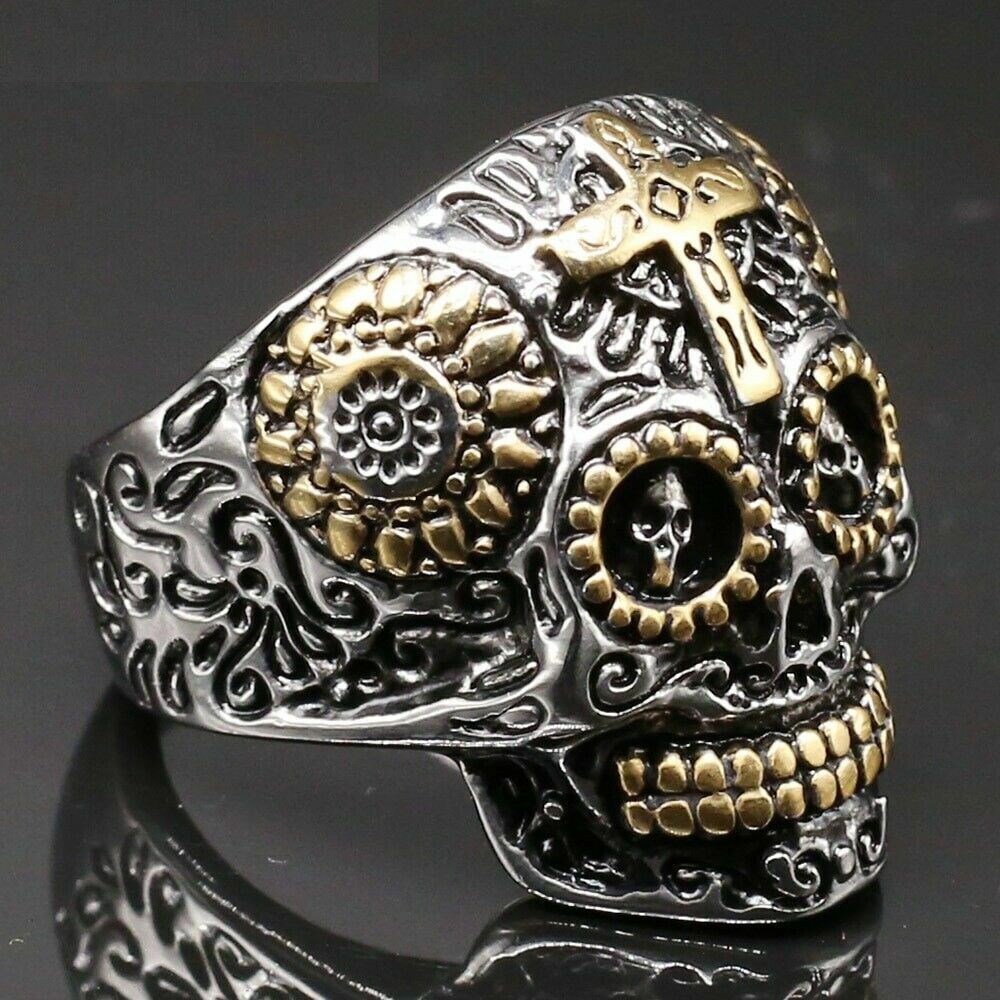 Silver Gold Sugar Cross Skull Ring Goth Rock Biker Mens Gift Day of The Dead UK