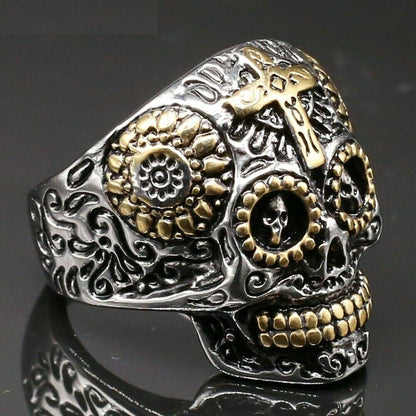 Silver Gold Sugar Cross Skull Ring Goth Rock Biker Mens Gift Day of The Dead UK