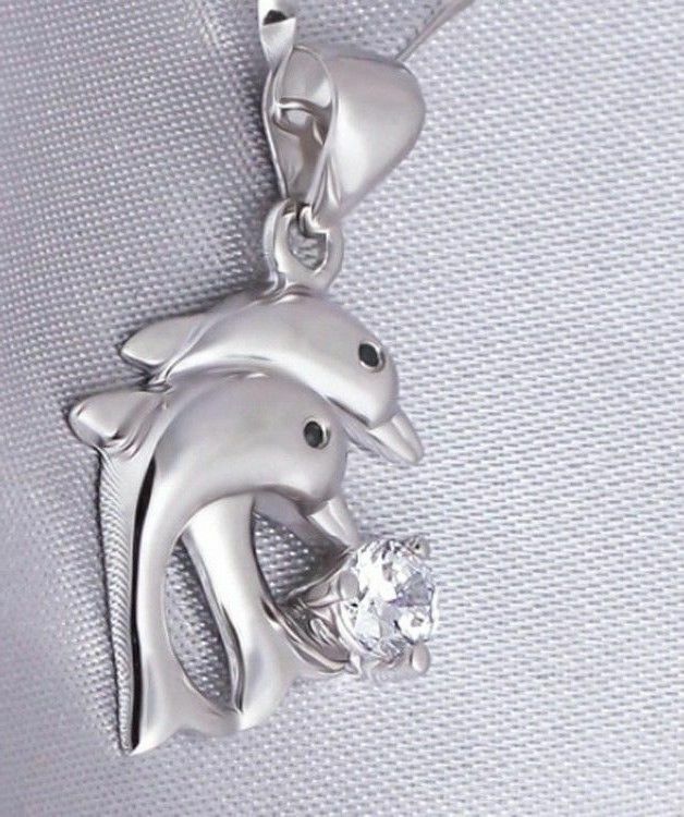 TWIN Dolphin Pendant rhinestone crystal Silver necklace Jewellery Ladies Gifts
