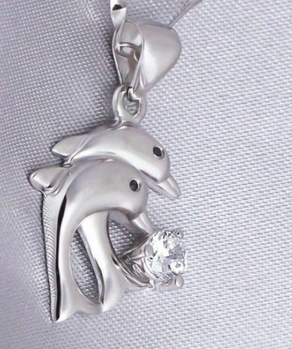 TWIN Dolphin Pendant rhinestone crystal Silver necklace Jewellery Ladies Gifts