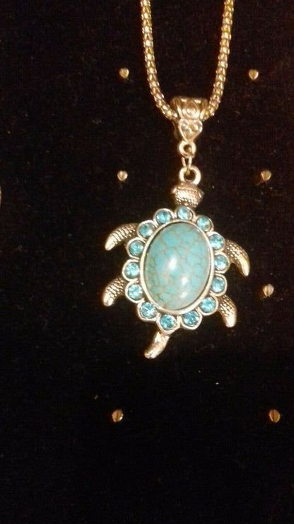 Beach Turtle Turquoise Tortoise Pendant EARRINGS Charm Silver Necklace Set UK