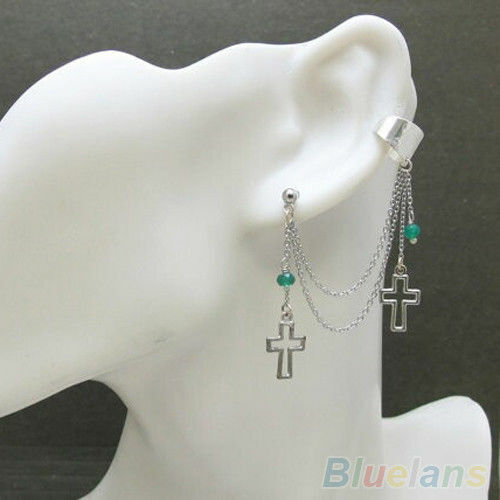 CLIP ON SILVER CROSS HANGING CHAIN TURQOISE EAR CUFF EARRINGS uk