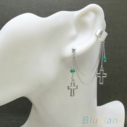 CLIP ON SILVER CROSS HANGING CHAIN TURQOISE EAR CUFF EARRINGS uk