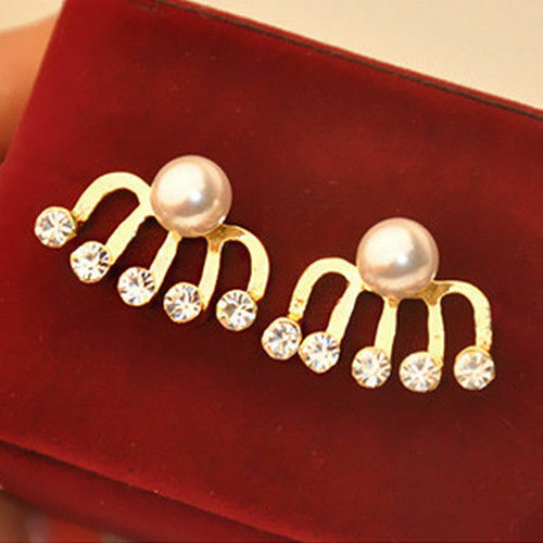 Women Gold Crystal Pearl Five Rhinestone Hook Wrap Cuff Ear Stud Earrings Hoop