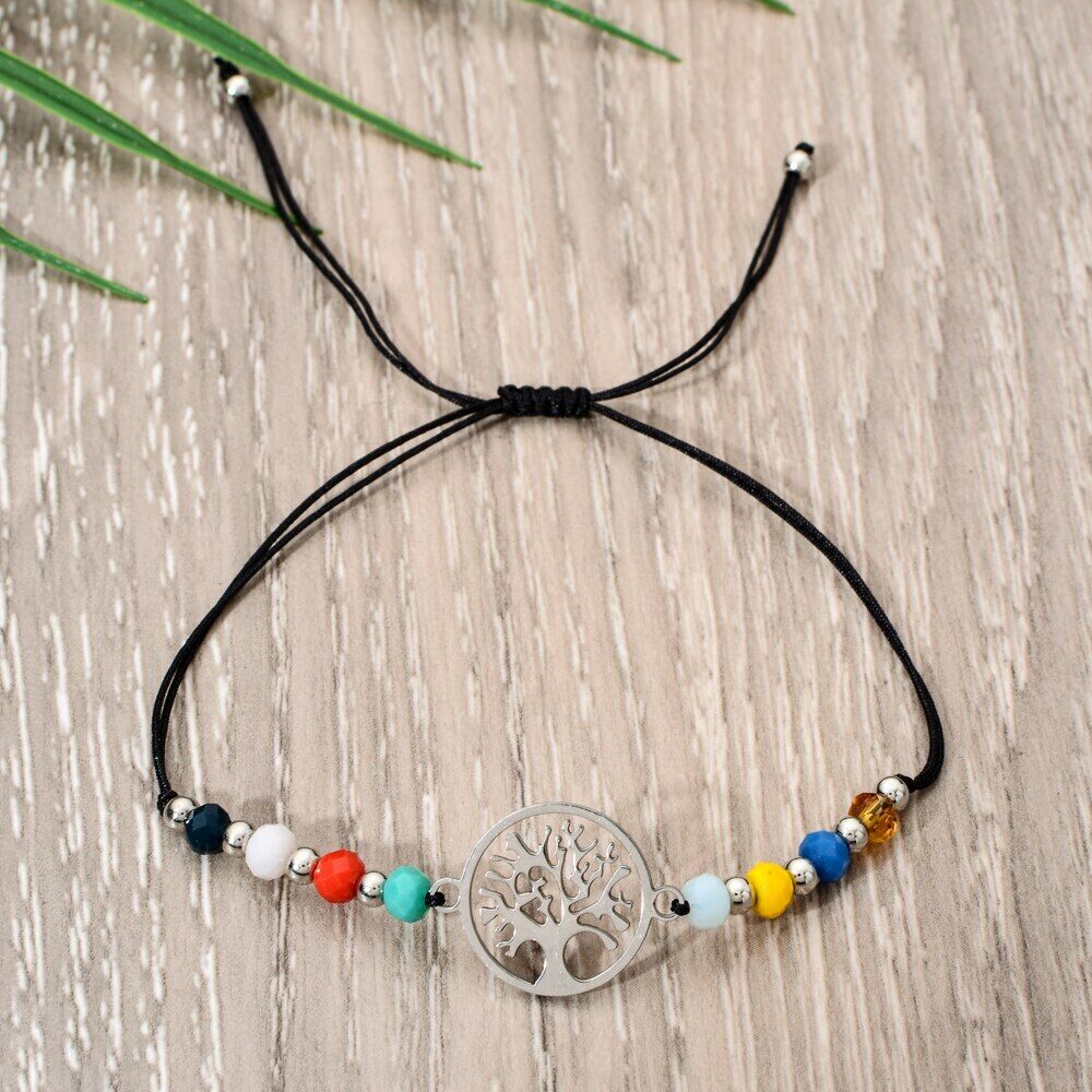 Tree Of Life Adjustable Braided Rope Crystal Beads Bracelet