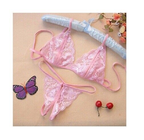 Thong Crutchless Lace G-string + Bra Set Sleepwear Lingerie Underwear Bondage
