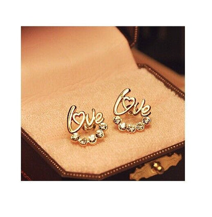 Gold LOVE HEART RHINESTONE Earrings Ear Stud Women's Ladies Girls Gift Birthday