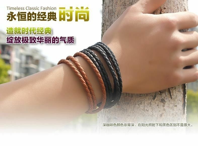 Mens Braided Leather Surfer Wristband Bracelet Wrap Steel BLACK BROWN WHITE UK