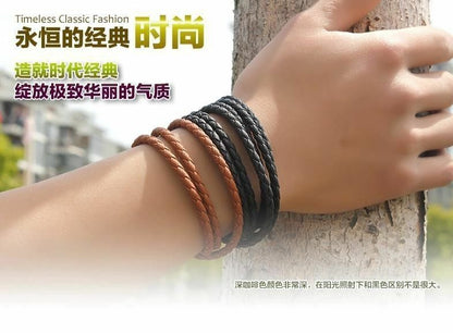 Mens Braided Leather Surfer Wristband Bracelet Wrap Steel BLACK BROWN WHITE UK