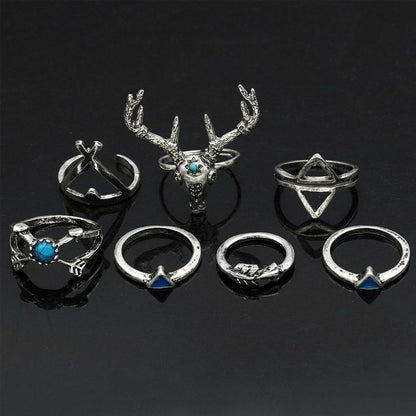7pcs Silver Ring Set Blue Turquoise Arrows Antlers Women Retro Stack Knuckle UK