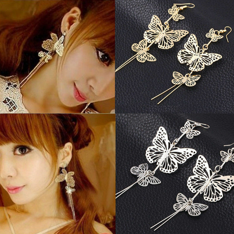 Womens Silver Gold Butterfly Wing Earring Rhinestone Hook Ear Stud Hoop Gift