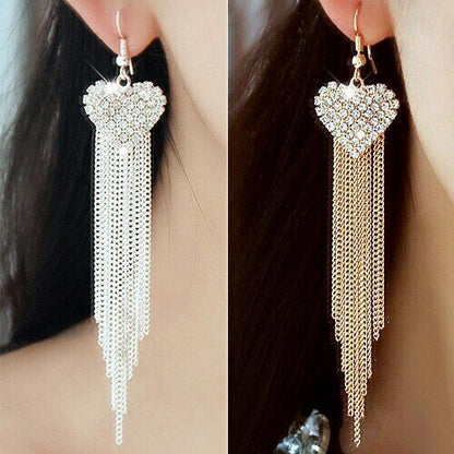 Heart sexy chain Hook Earring Hooks Long tassel ear ring rhinestone Silver UK