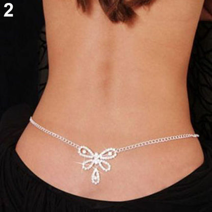 Bikini Rhinestone Harness Lower Back Crossover Belly Waist Body Chain Necklace