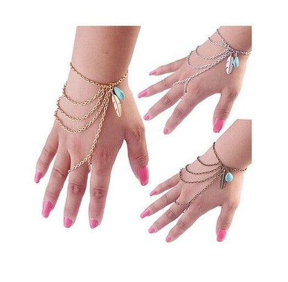 Womens Diamante Slave Chain Finger Ring Bangle Hand Harness Bracelet Beach Boho
