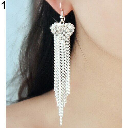 Heart sexy chain Hook Earring Hooks Long tassel ear ring rhinestone Silver UK