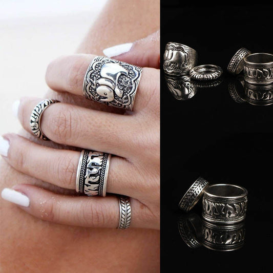 4PC SET 4x ELEPHANT Silver Womens Rings Girl Stack Ring Trible Boho Vintage Gift