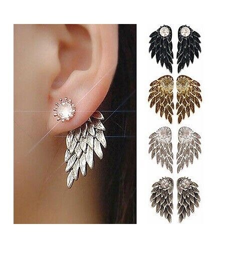 Womens Silver Gold Angel Feather Wing Earring Rhinestone Hook Ear Stud Hoop Gift