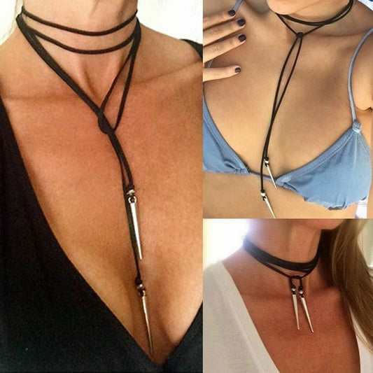 BLACK CHOKER LONG PENDANT POINT Necklace Choker Silver Wedding Party Chain UK